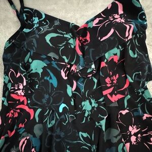 Aqua Green Black Dress with Pink and Green Floral Design
